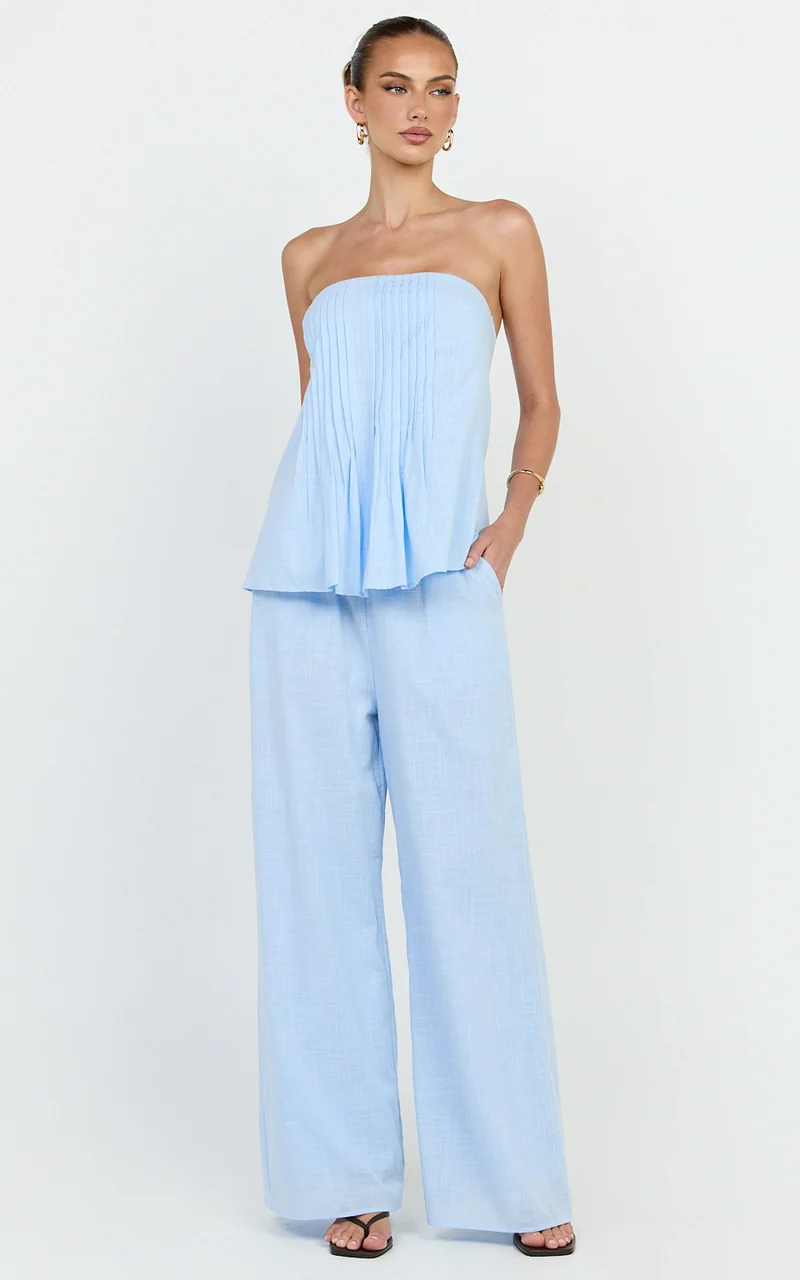 Carli Two Piece Top and Pants Set - Cotton Tube Pant Set in Blue