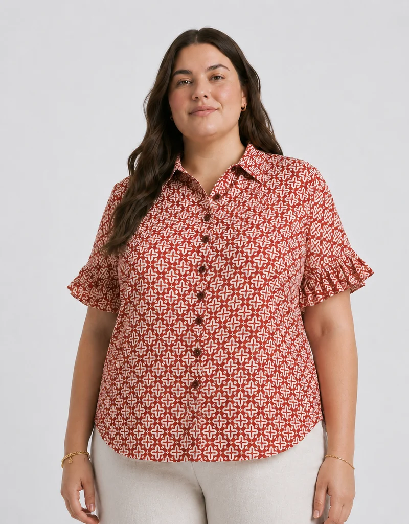 Floriane|100% Cotton Printed Ruffle Sleeve Shirt
