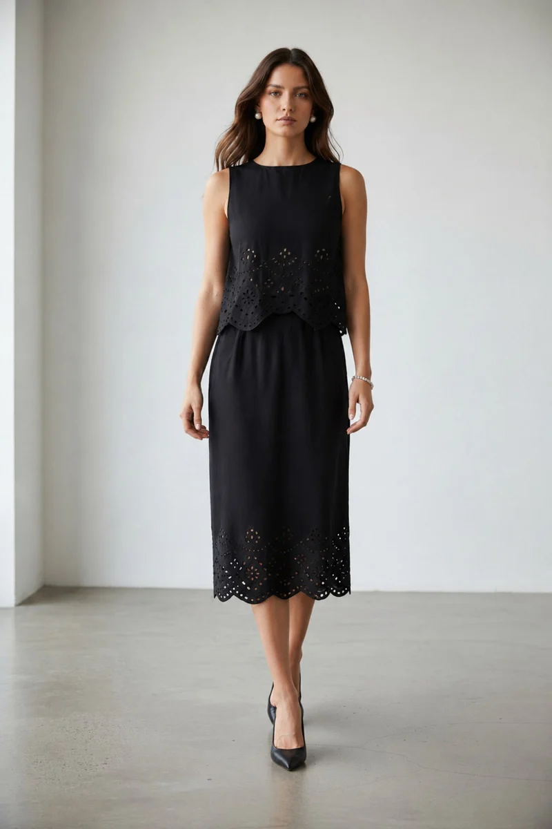 Azurae Co-Ord|100% Cotton Midnight Schiffli Co-Ord Set
