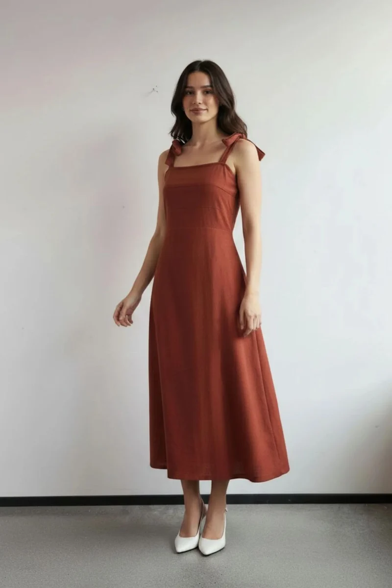 Novella|100% Cotton Tie-Strap Midi Dress
