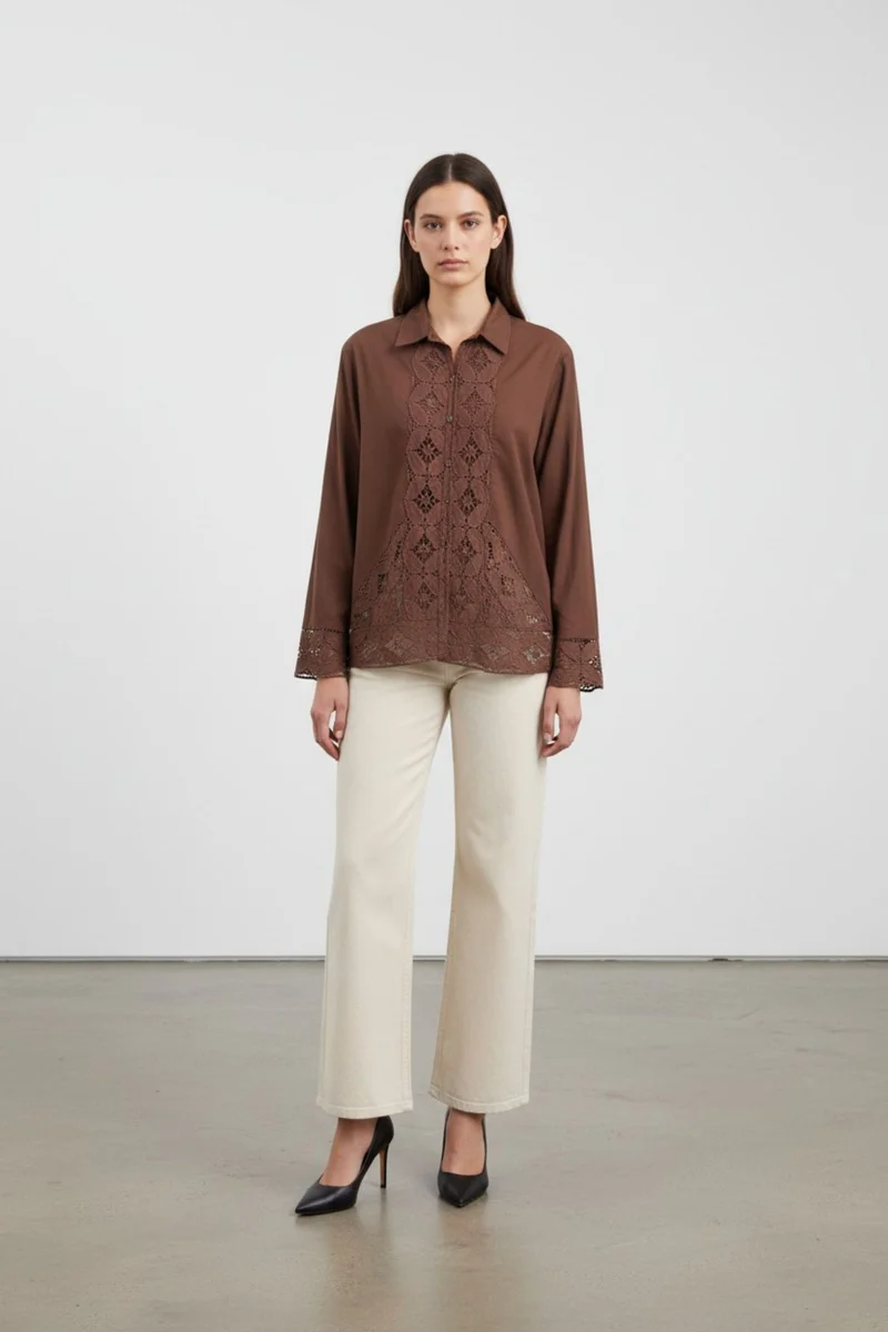 Vireena|100% Cotton Brown Lace Panel Shirt
