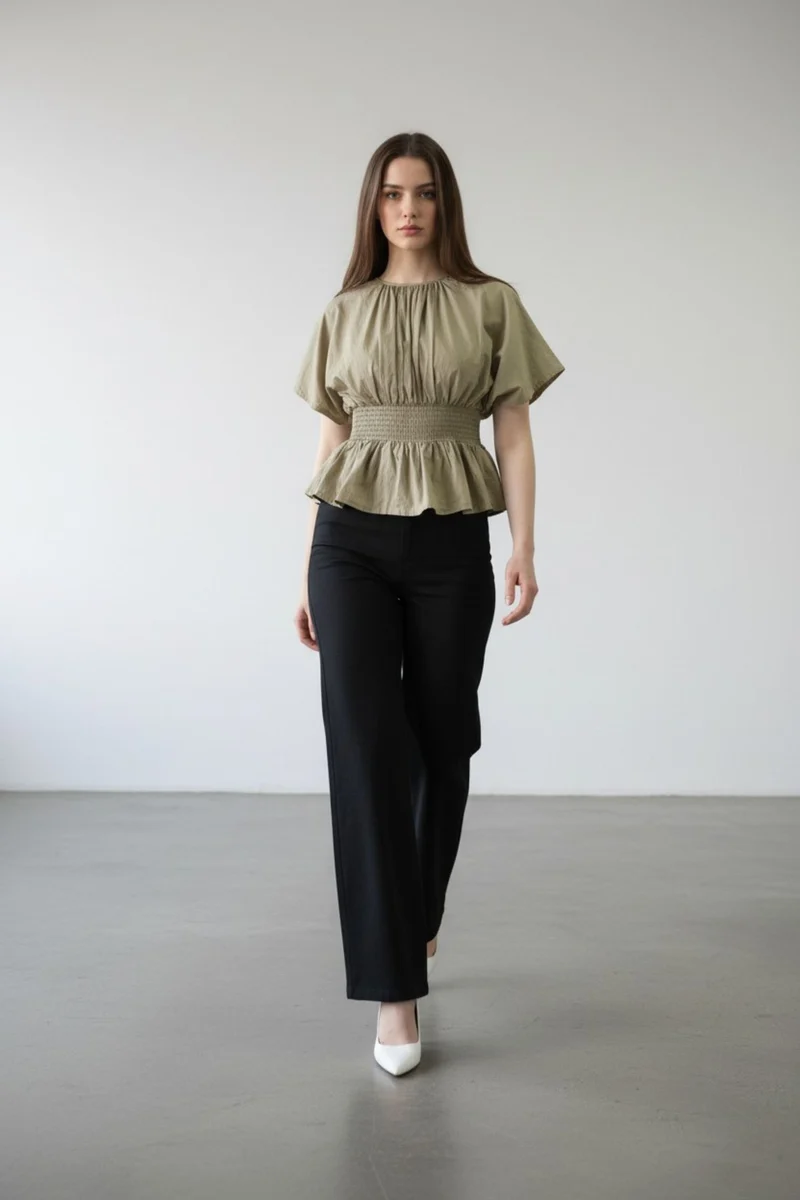 Elovia|100% Cotton Smocked Waist Peplum Top