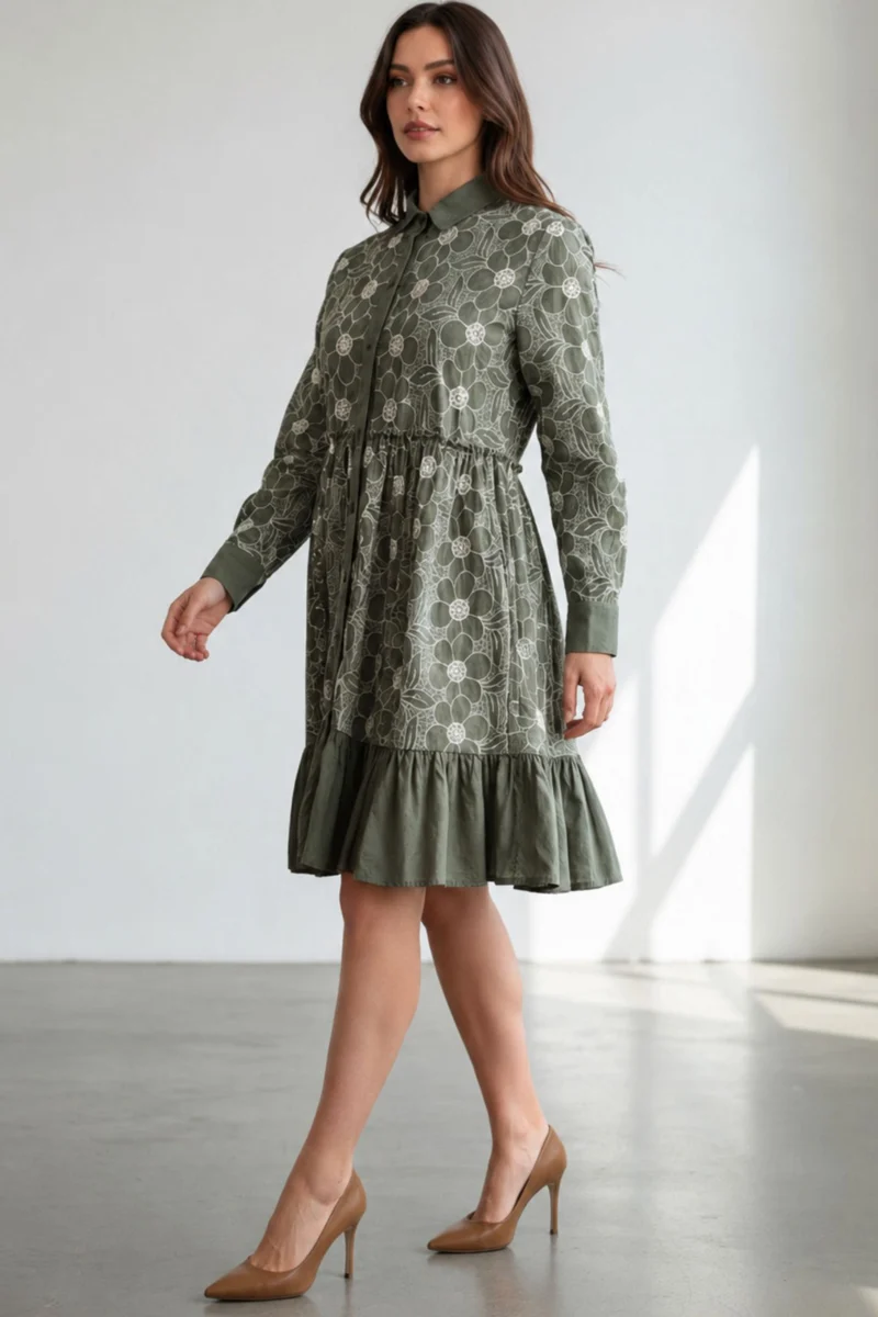 Fioralyn|100% Cotton Embroidered Shirt Dress