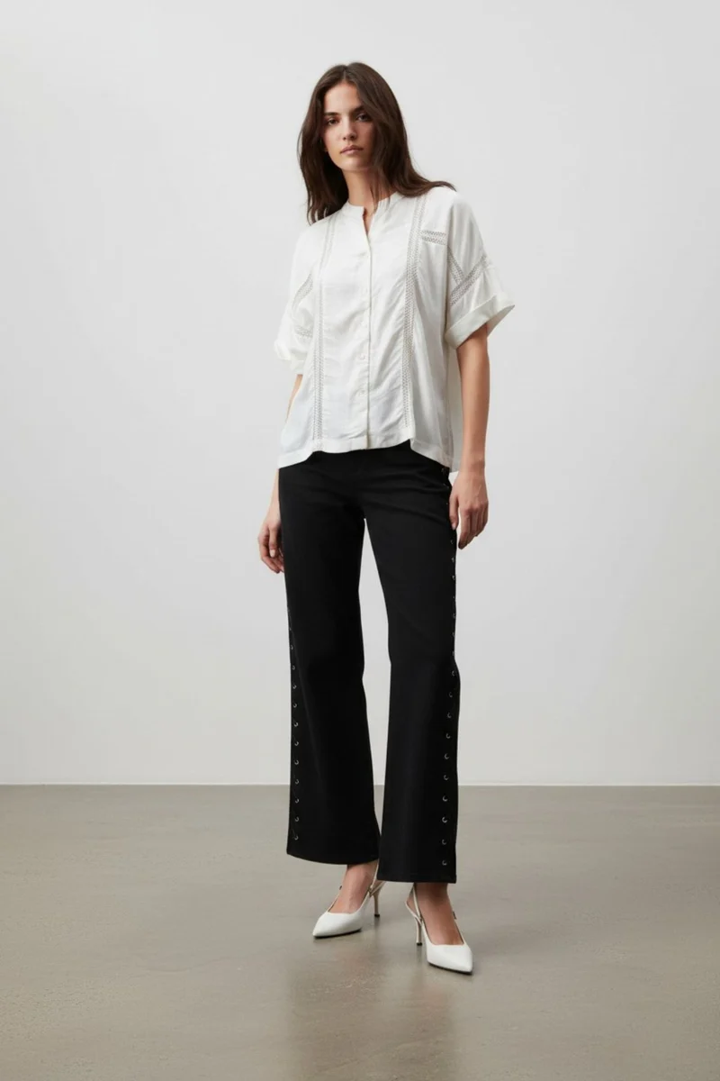 Virelle|100% Cotton Relaxed Lace Panel Shirt