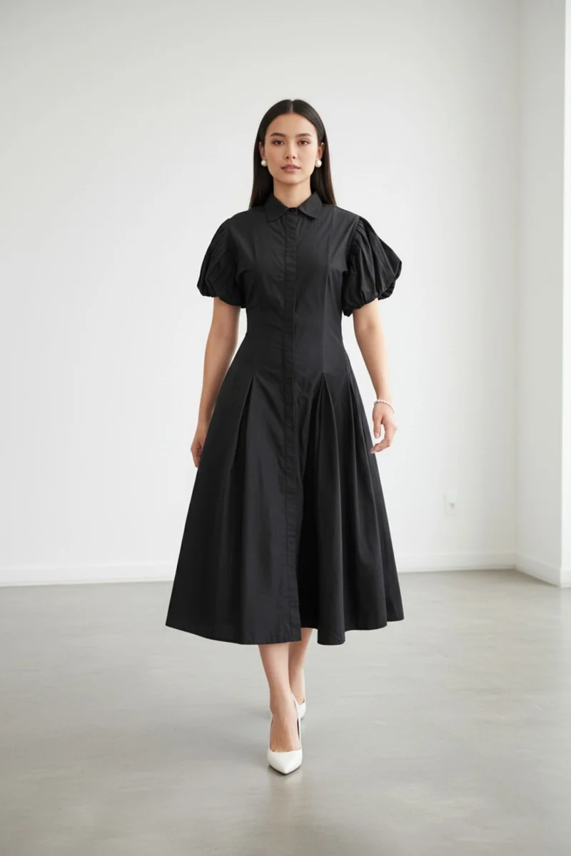 Rhea|100% Cotton Shirt Collar Midi Dress