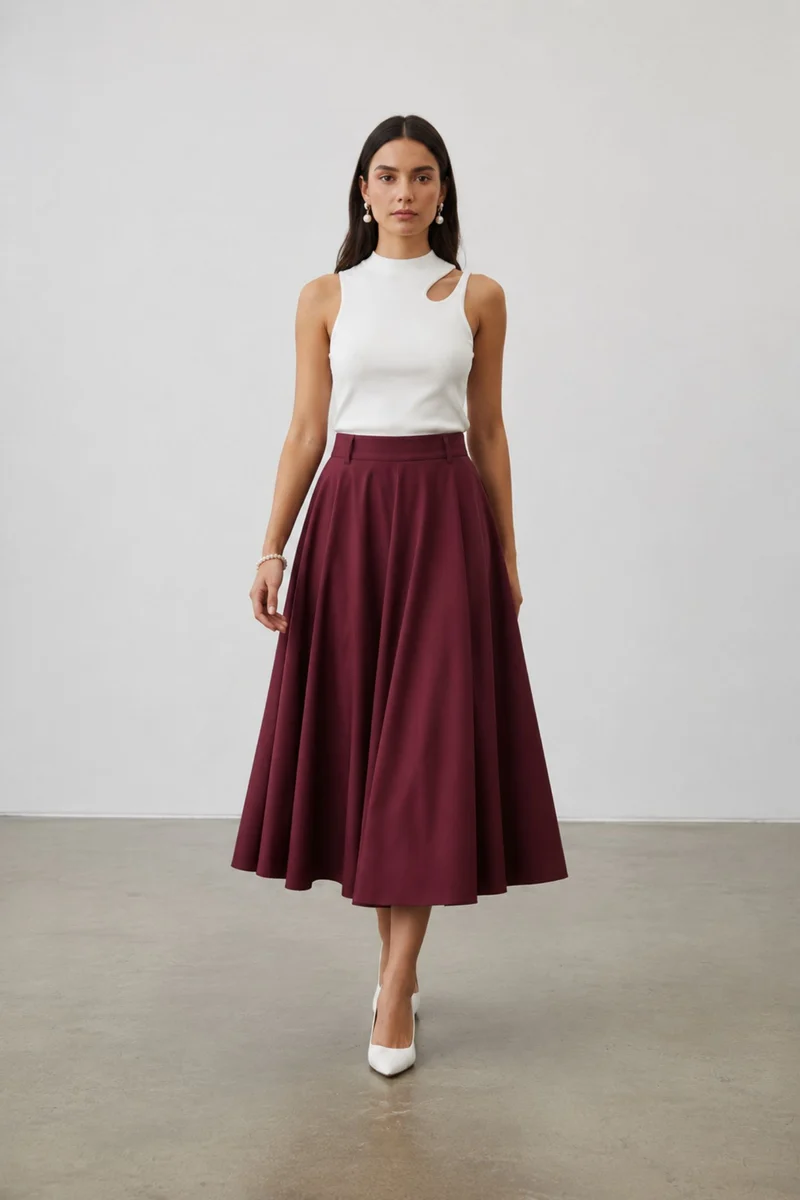 Tarah|100% Cotton High-Waist Flared Midi Skirt