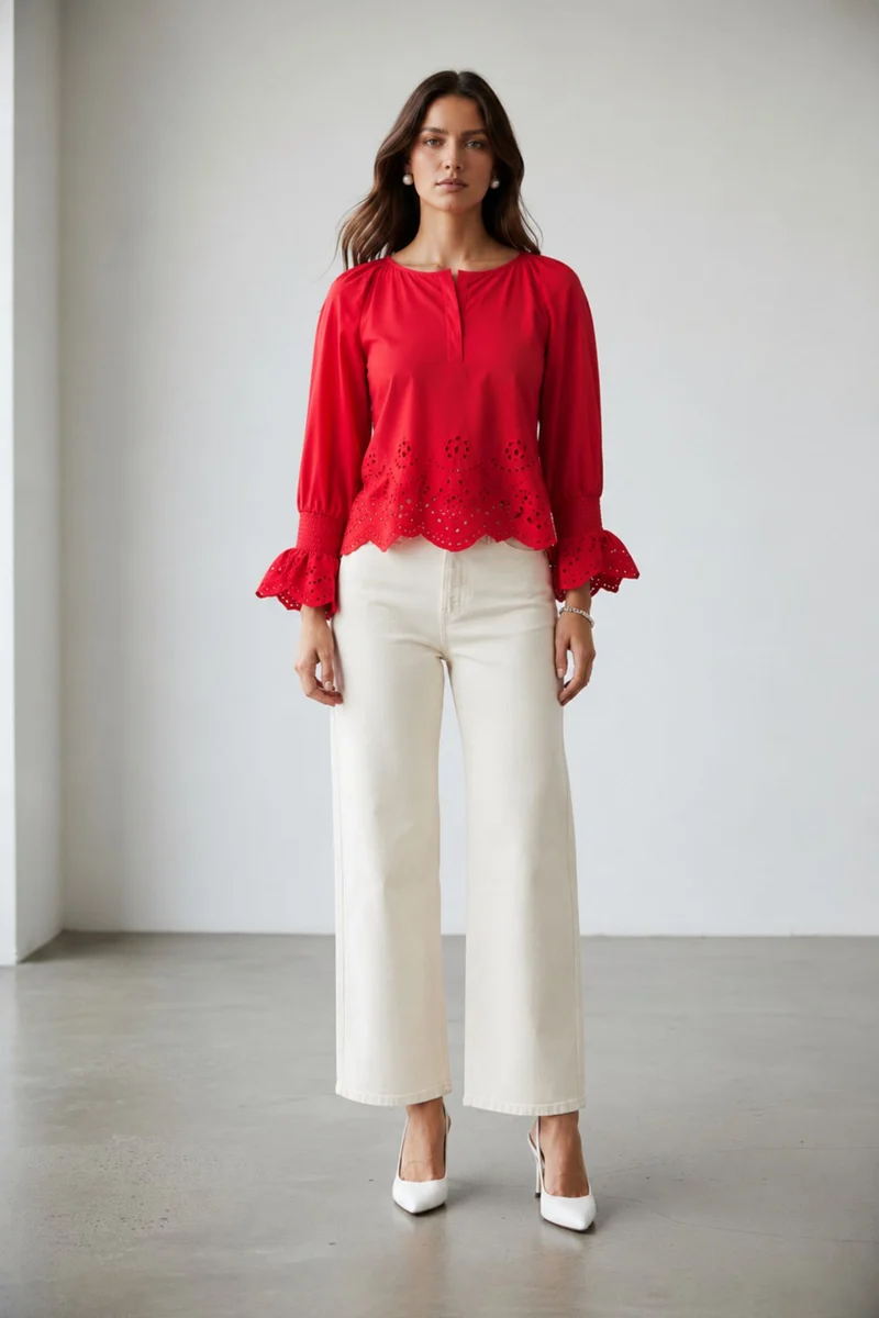 Avielle Top|100% Cotton Schiffli Scallop Hem Top