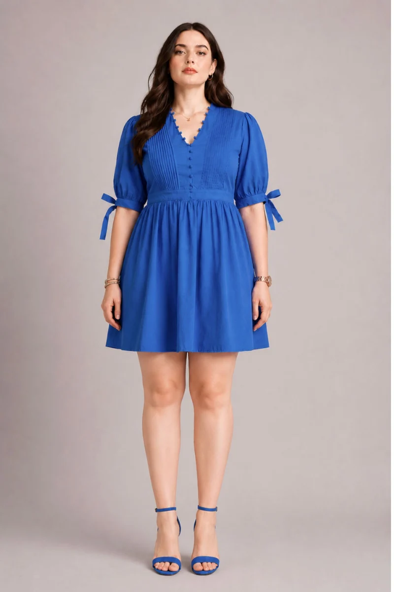 Elowara|100% Cotton V Neck Mini Dress