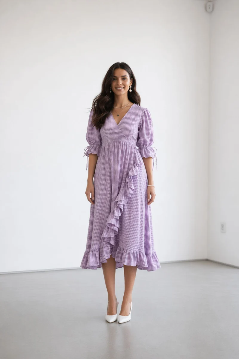 Virettae|Gingham V Neck Ruffle Midi Dress