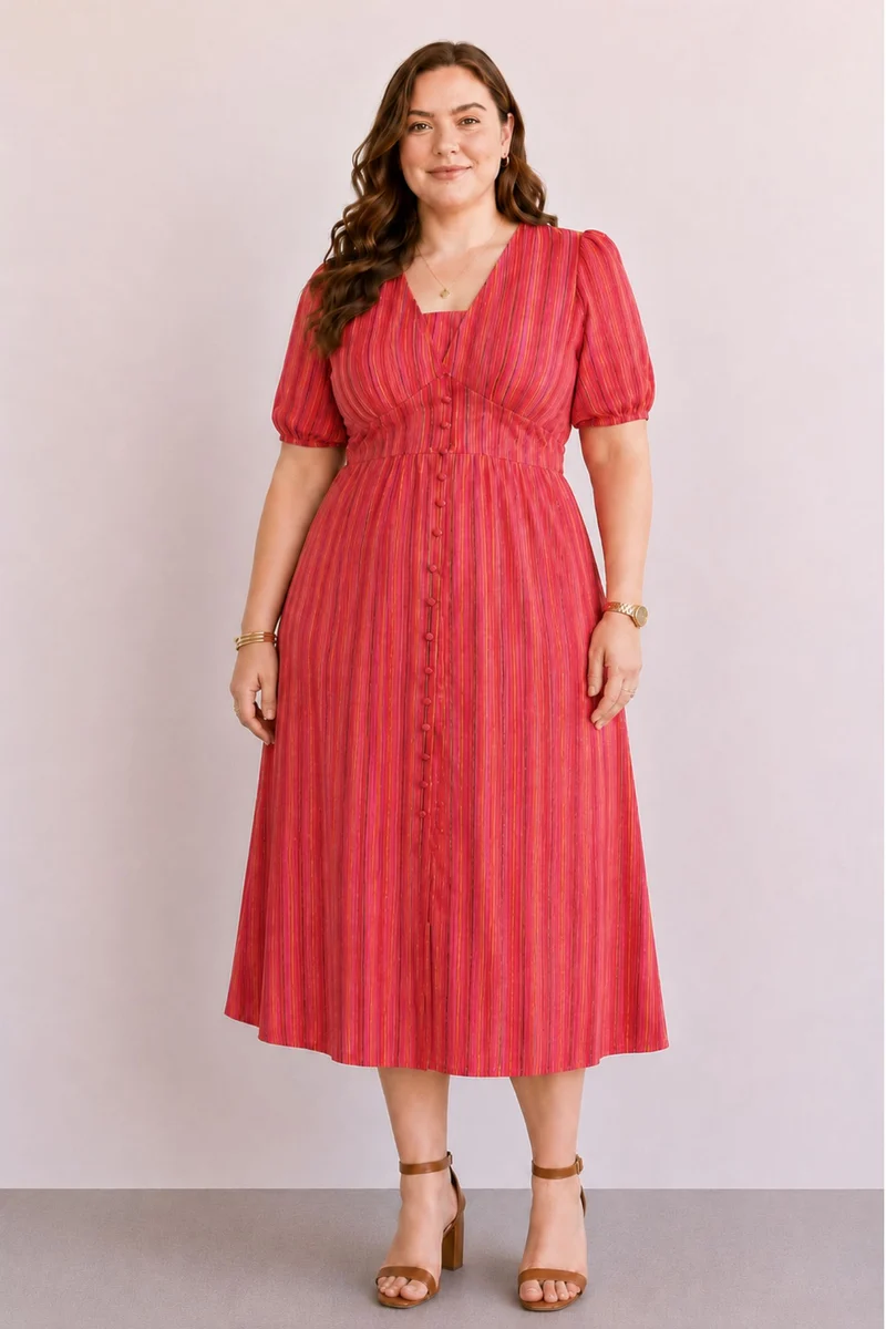 Elarina|100% Cotton Striped Puff Sleeve Midi Dress