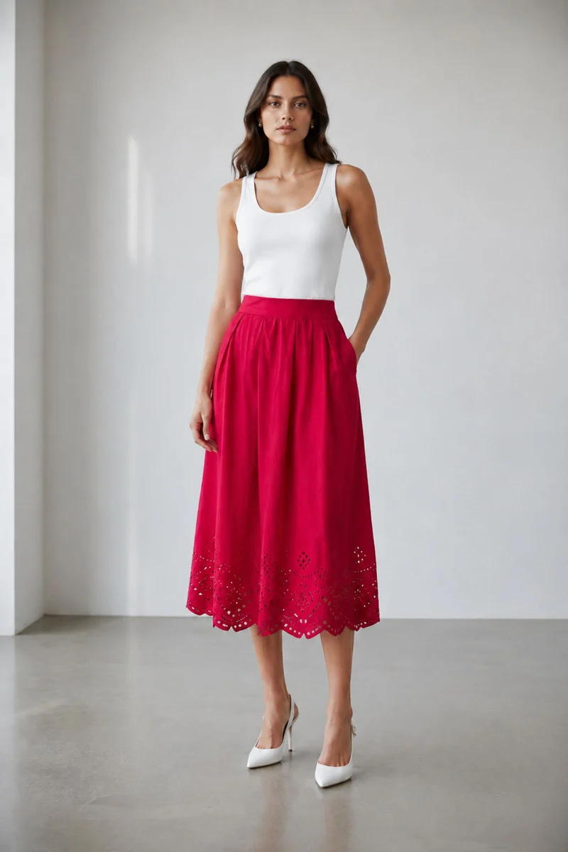 Avielle Skirt|100% Cotton Scallop Hem Midi Skirt