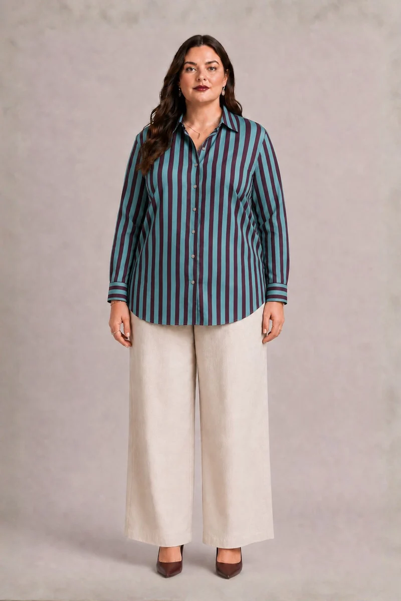 Lunessa|100% Viscose Striped Relaxed Button-Down Shirt