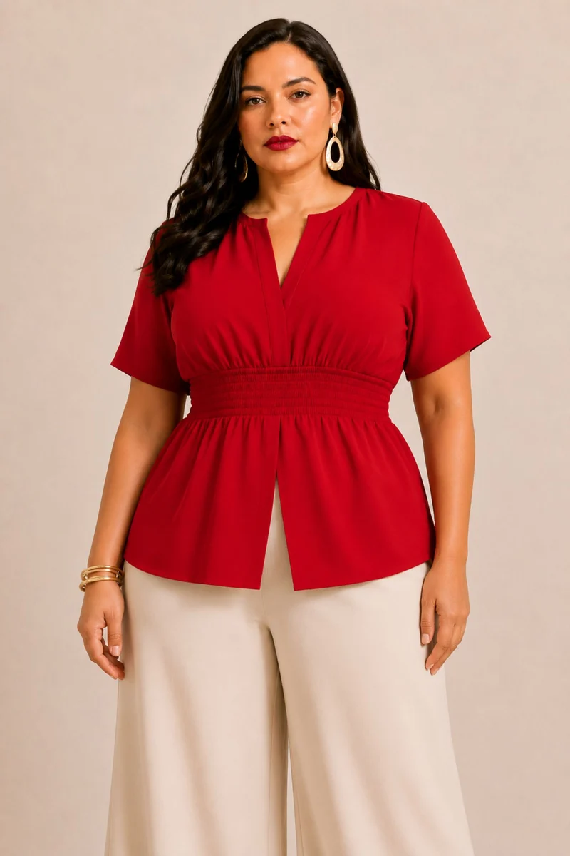 Elanique|100% Viscose Solid V Neck Peplum Top