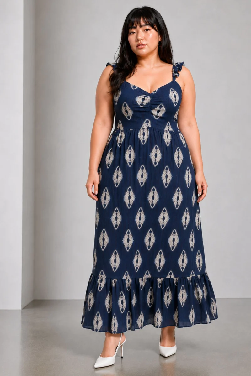 Orelisse|100% Viscose Navy Ikat Tie-Strap Maxi Dress