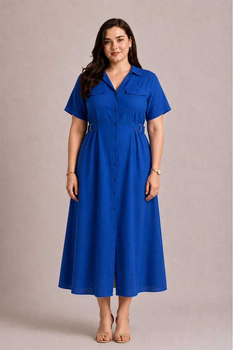 Vespera|100% Viscose Button Down Midi Shirt Dress