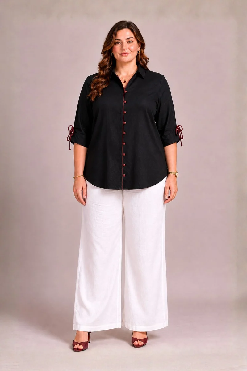 Zarela|100% Cotton Black Tie-Cuff Relaxed Shirt