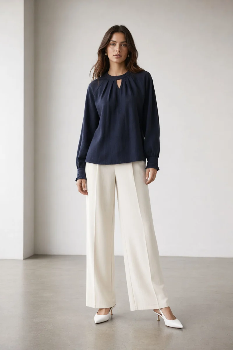 Azeliah|100% Cotton Navy Keyhole Puff Sleeve Top