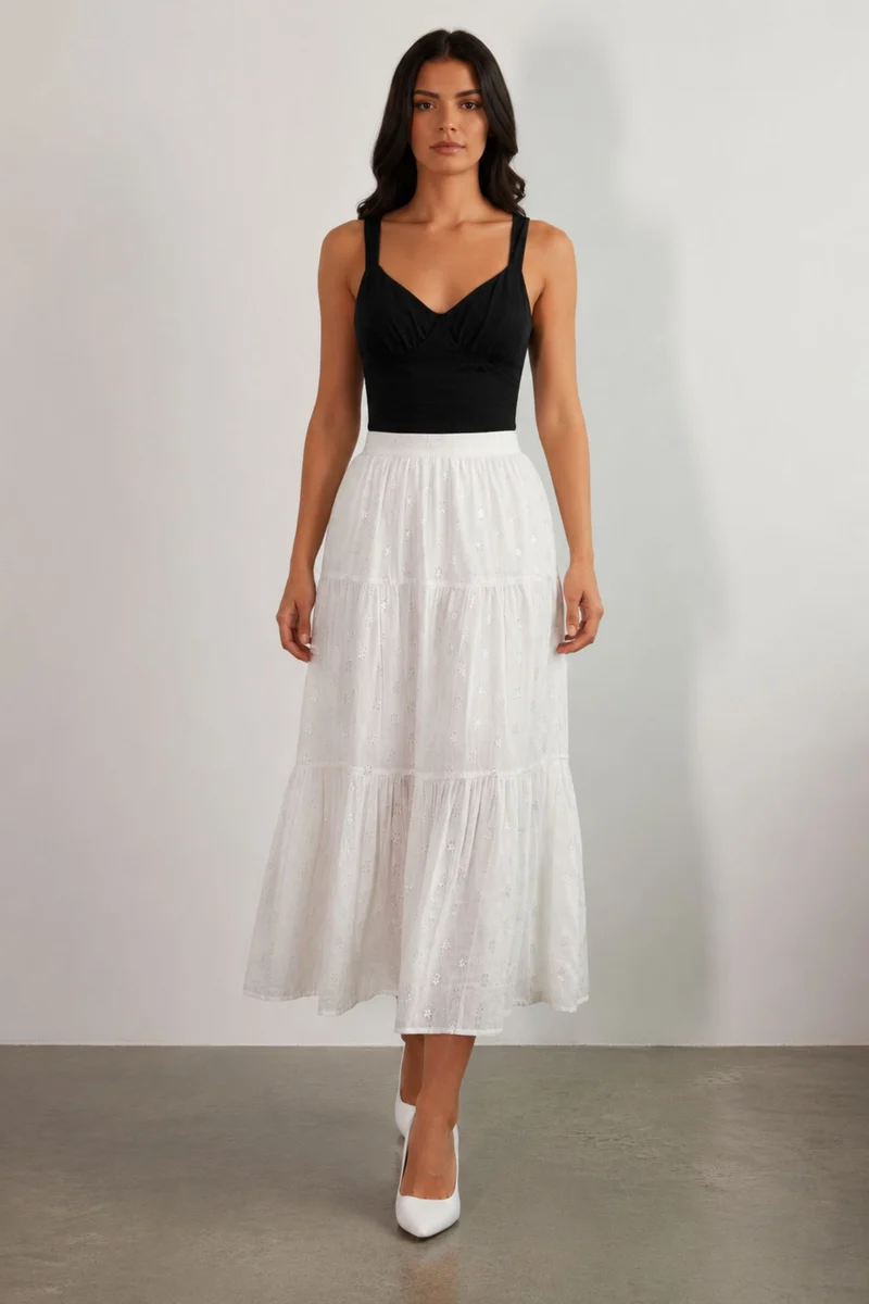 Novara Skirt|100% Cotton Tiered Gathered Midi Skirt