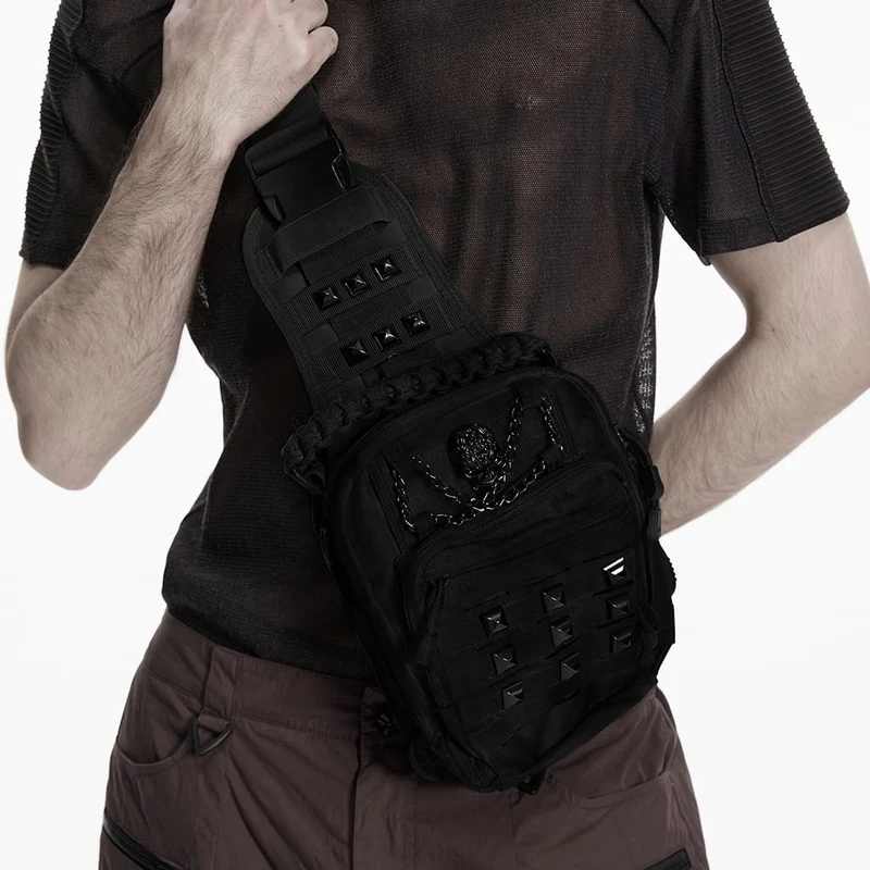 Herr Punk Skull Rivets Kedjad Axelremsväska Svart