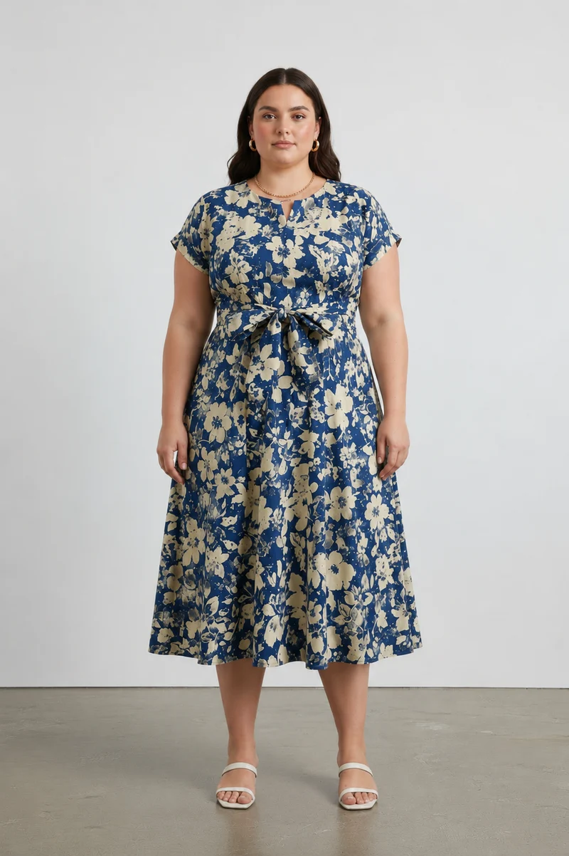 Amorette|100% Cotton Printed A-Line Midi Dress