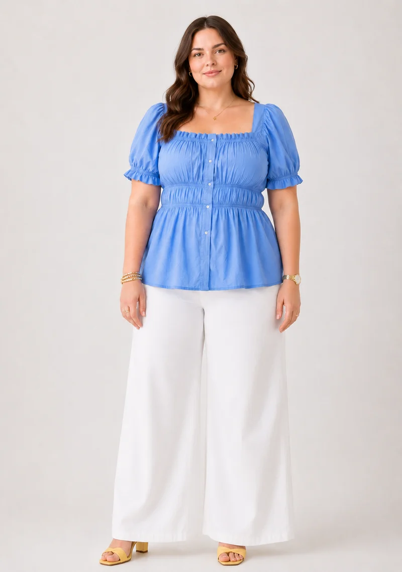 Avena|100% Viscose Peplum Top With Puff Sleeves
