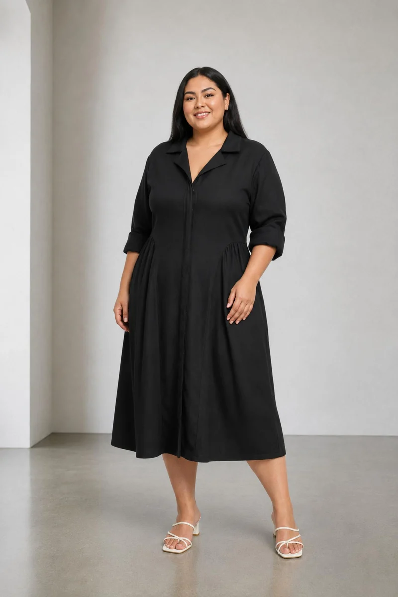 Cintia|100% Cotton Midi Dress With Lapel Collar