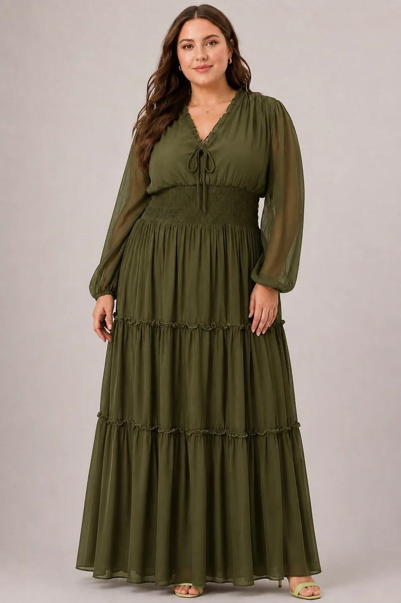 Arlena|100% Viscose V-Neck Tiered Maxi Dress