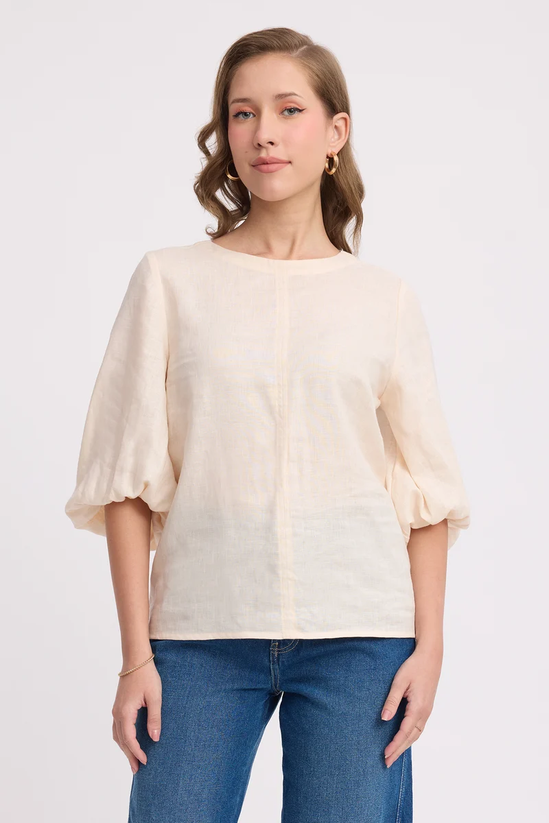 Binae|Linen Round Neck Blouson Sleeve Top