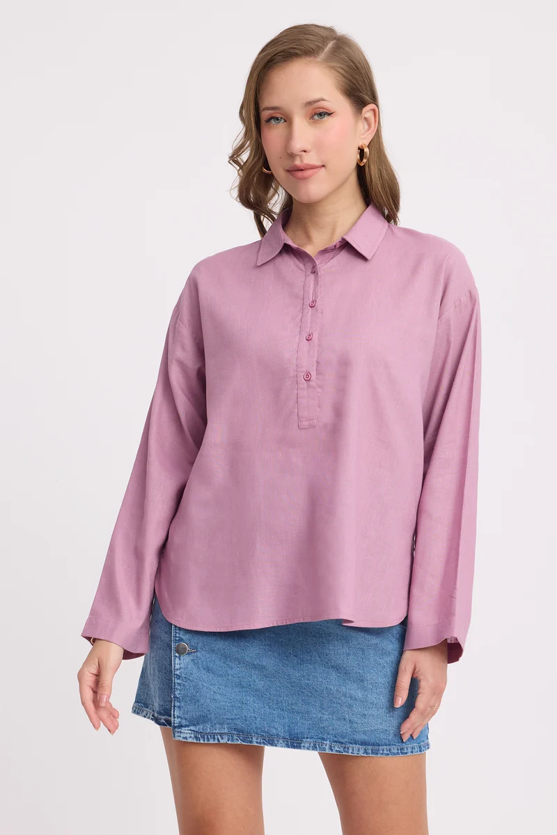 Muai|Linen Half Placket Oversized Top