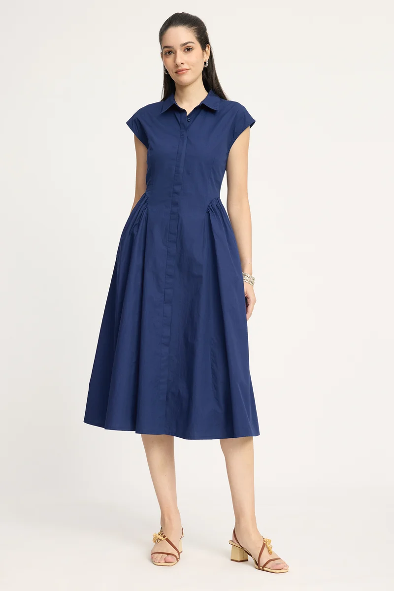 Kanuki|100% Cotton Gathered Shirt Midi Dress