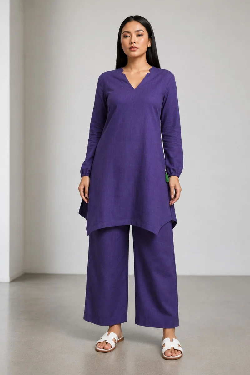 Esha|100% Cotton Relaxed Asymmetric Tunic Set With Wide-Leg Pants