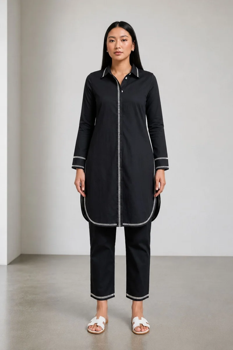 Nori|100% Cotton Relaxed Lace Shirt Style Tunic Set With Straight Pants