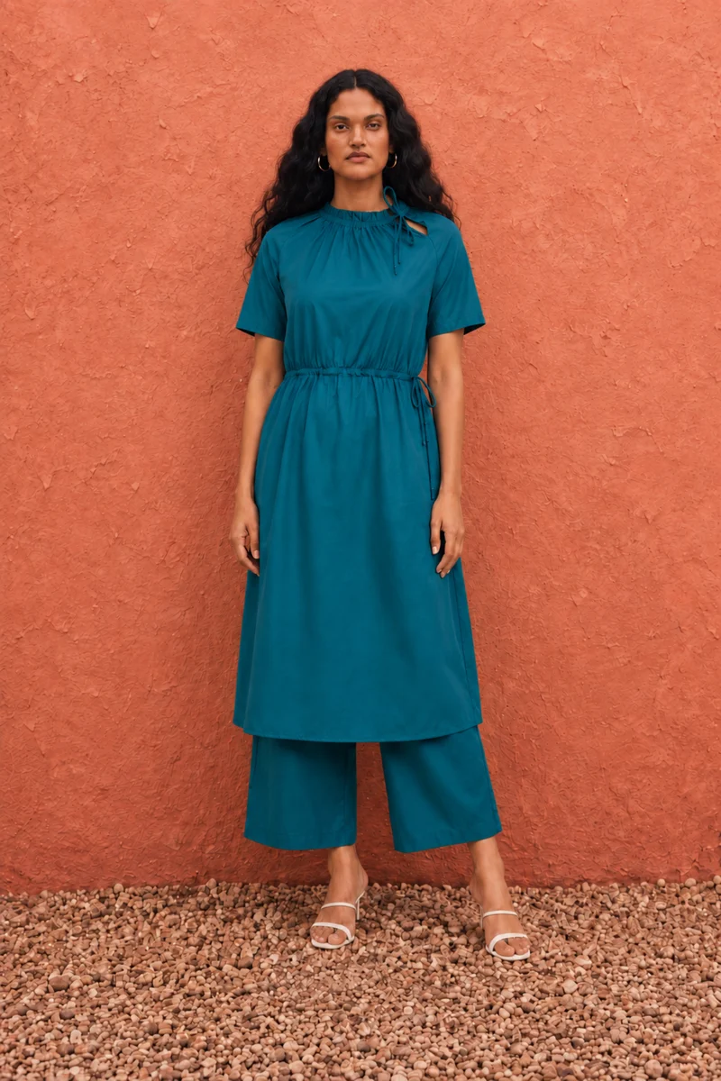 Neetu|100% Cotton Relaxed High-Neck Tunic Set With Straight Pants