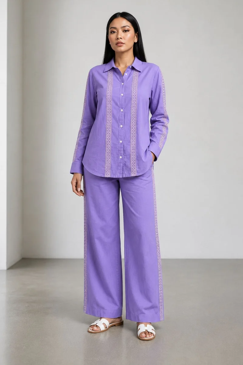 Neer|100% Cotton Relaxed Lace Shirt Tunic Set With Straight Pants