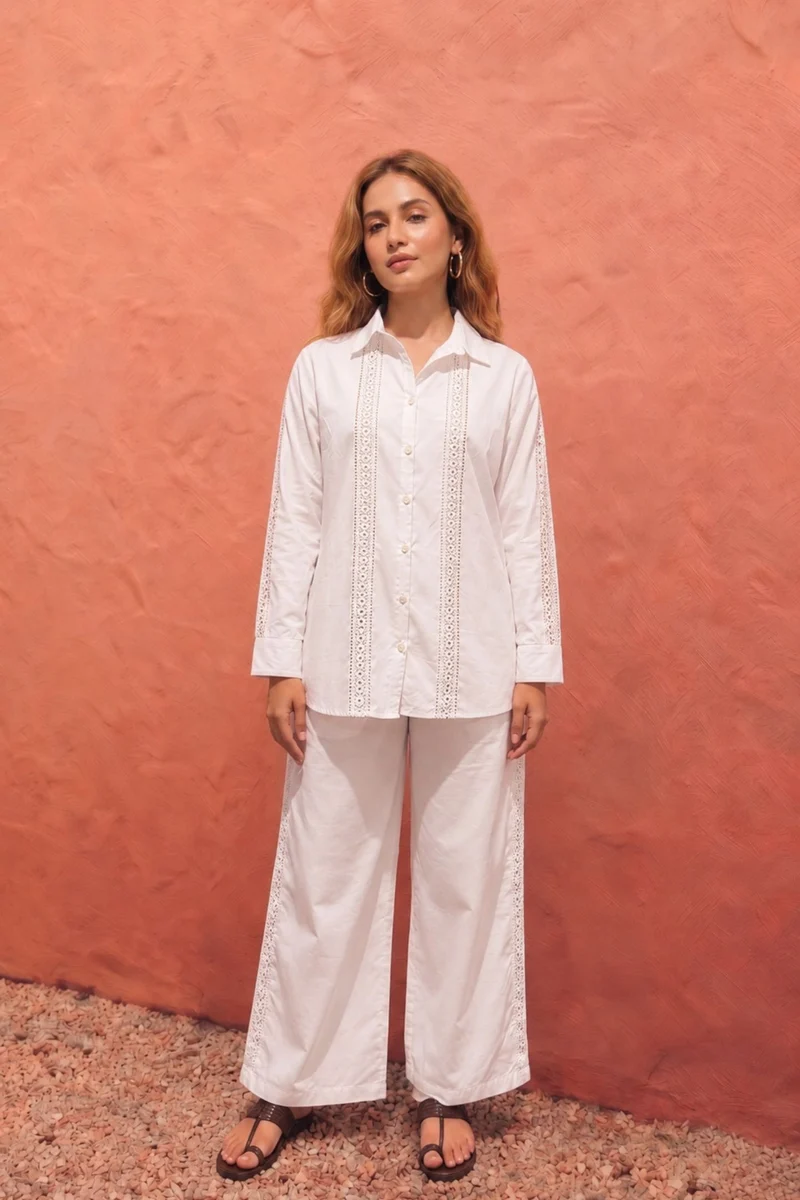 Nadira|100% Cotton Relaxed Lace Shirt Tunic Set With Straight Pants