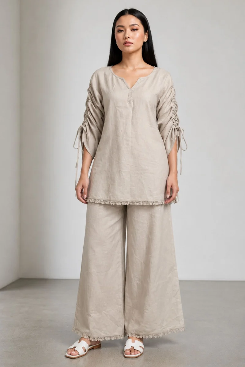 Aashi|100% Cotton Relaxed Lace Tunic Set With Wide-Leg Pants
