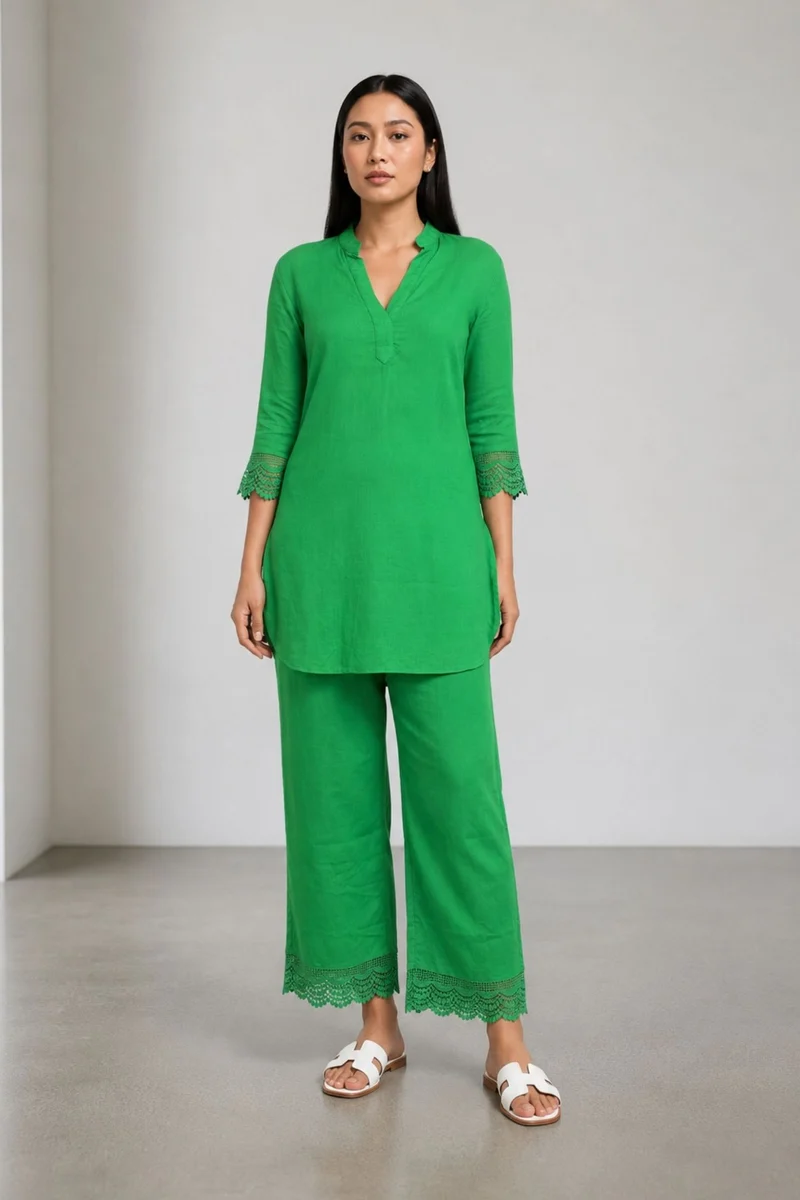 Sia |100% Viscose Relaxed Lace Tunic Set With Straight Pants