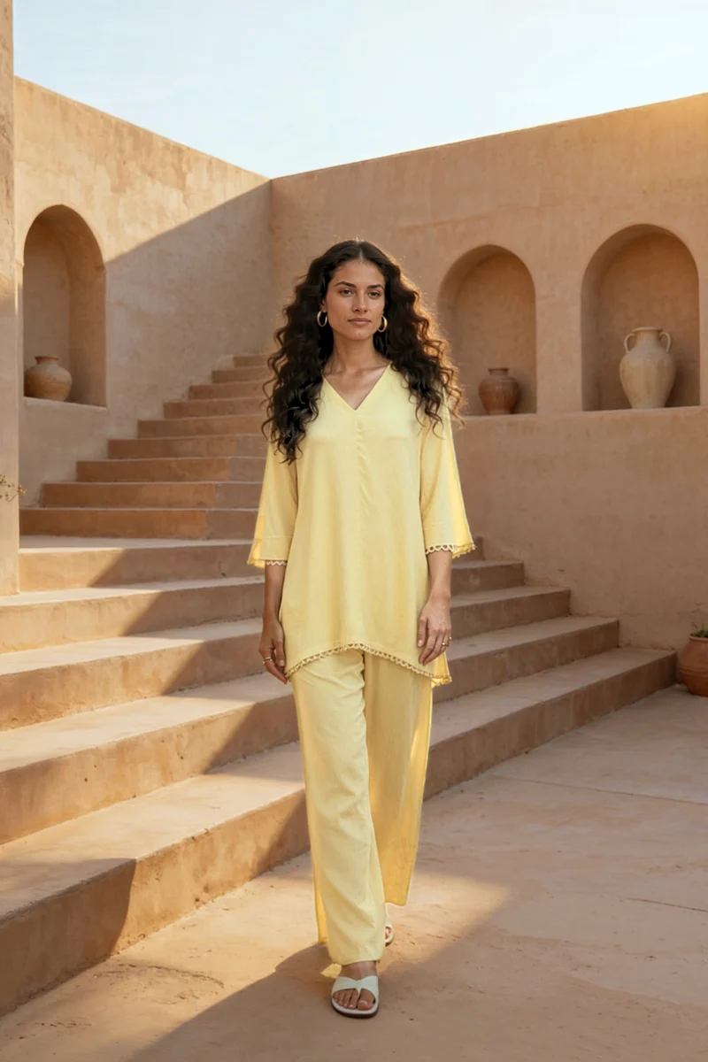 Kimi|100% Viscose Relaxed Lace Tunic Set With Wide-Leg Pants