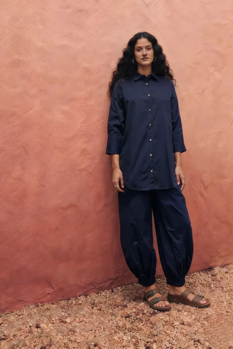 Rekha|100% Cotton Relaxed Tunic Shirt Set With Gathered Pants