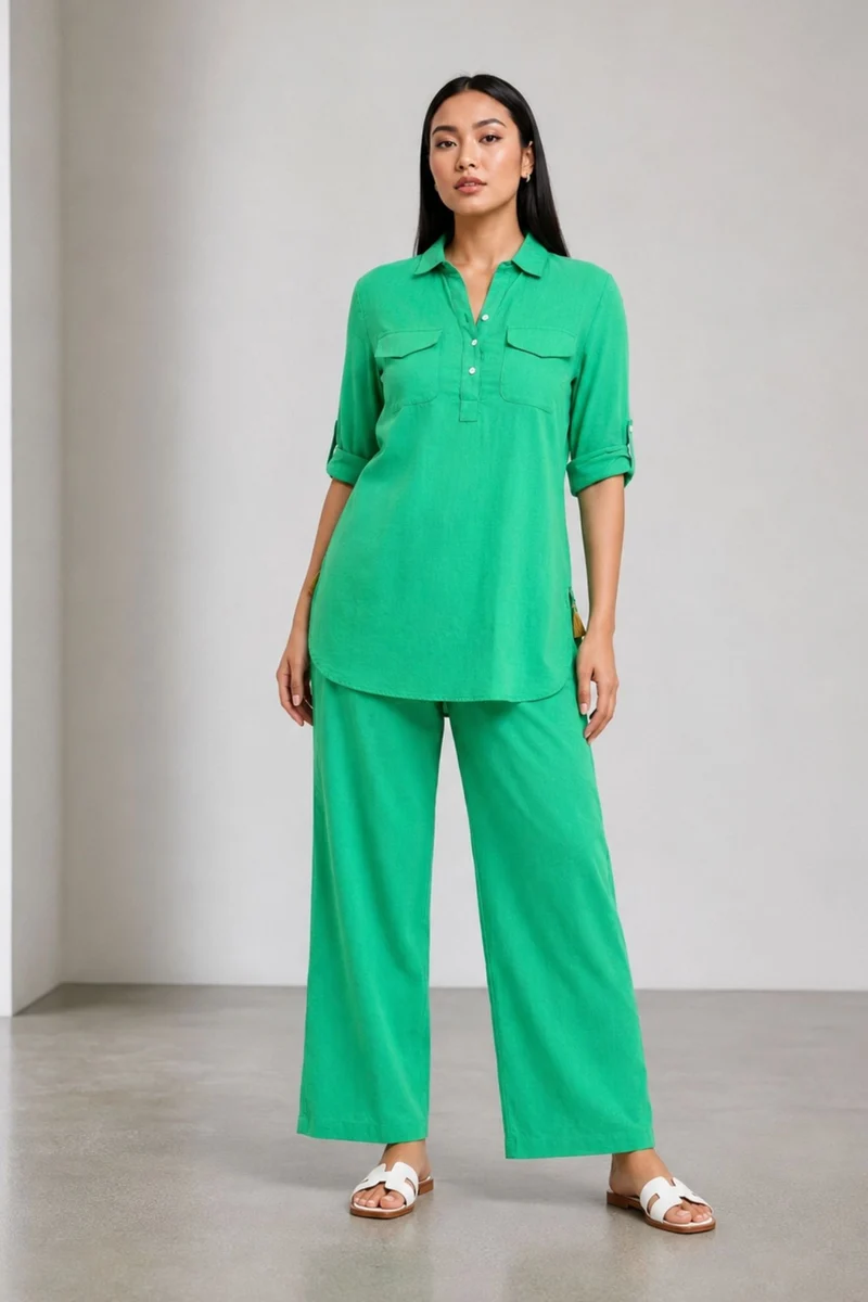 Inaya|100% Cotton Relaxed Shirt Style Tunic Set With Wide-Leg Pants