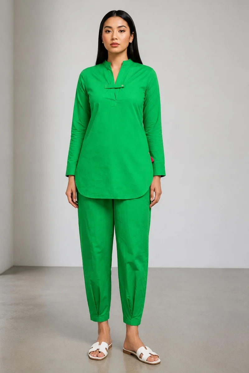 Sama|100% Cotton Relaxed Straight Tunic Set With Tapered Pants