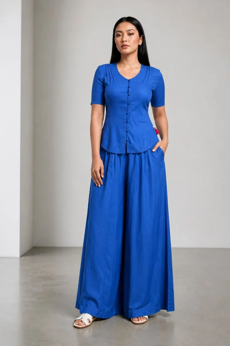 Zoya|100% Viscose Relaxed V-Neck Top Co-Ord Set With Flared Wide-Leg Pants
