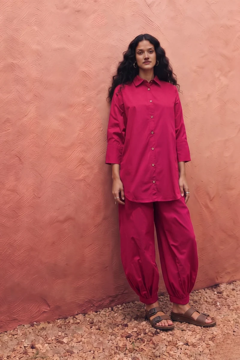 Hema|100% Cotton Relaxed Tunic Shirt Set With Gathered Pants