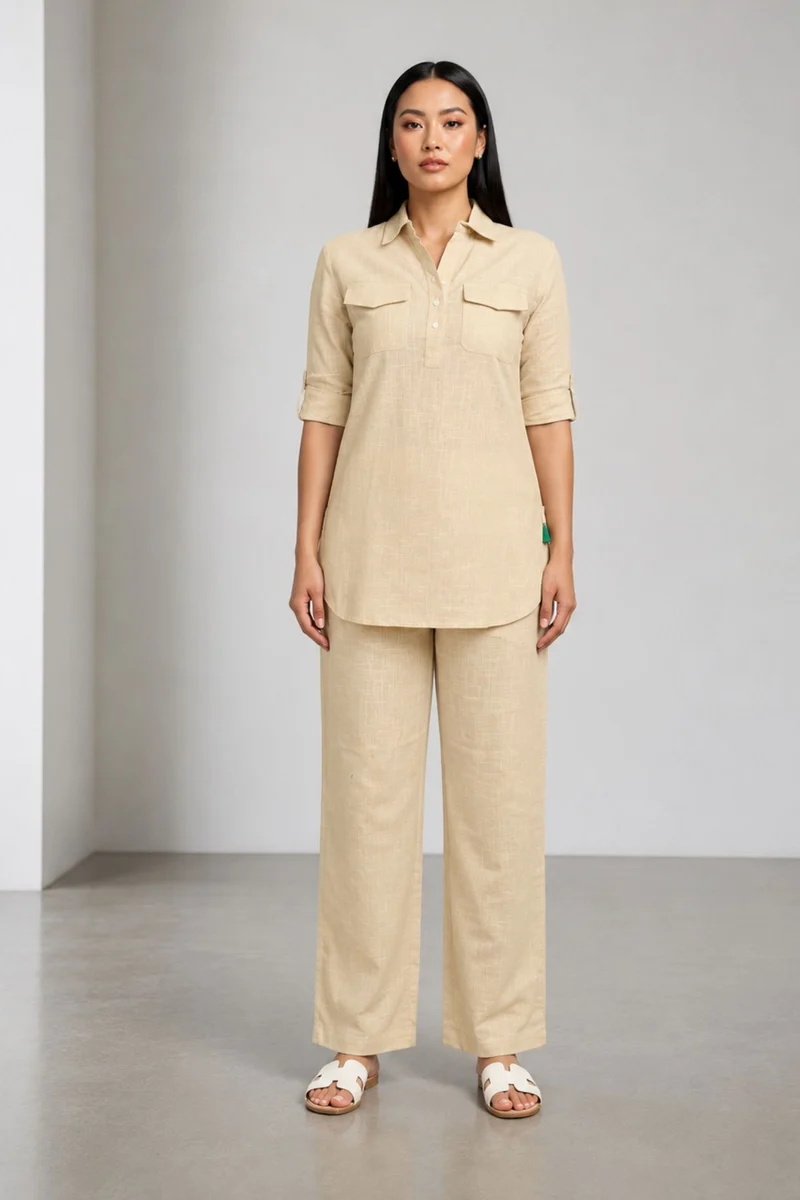 Maelise |100% Cotton Relaxed Shirt Style Tunic Set With Wide-Leg Pants