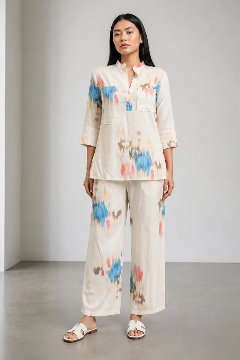Meher|100% Viscose Relaxed High-Low Tunic Set With Wide-Leg Pants