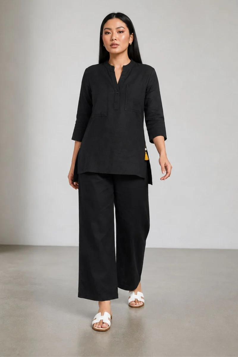 Sahej|100% Cotton Relaxed High-Low Tunic Set With Wide-Leg Pants