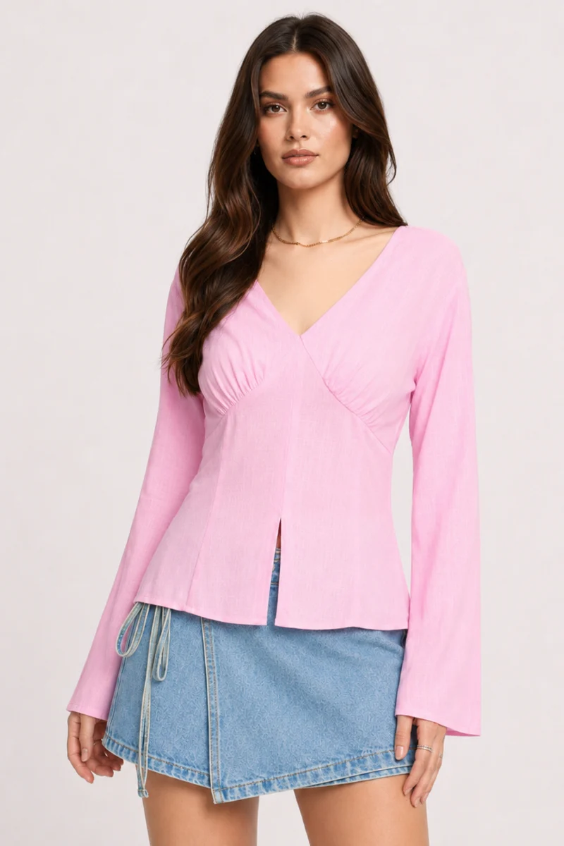 Reya|100% Viscose V-Neck Top With Bell Sleeves