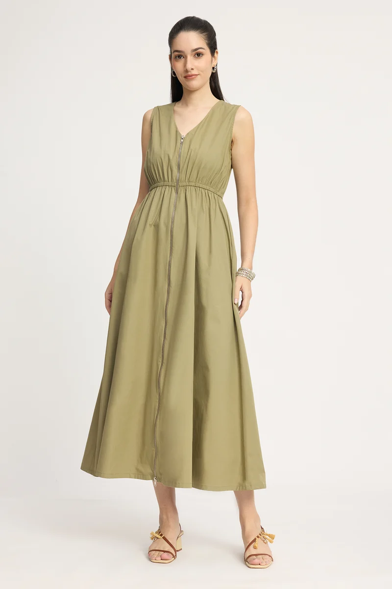Alex|100% Cotton Front Zip Closure Maxi Dress