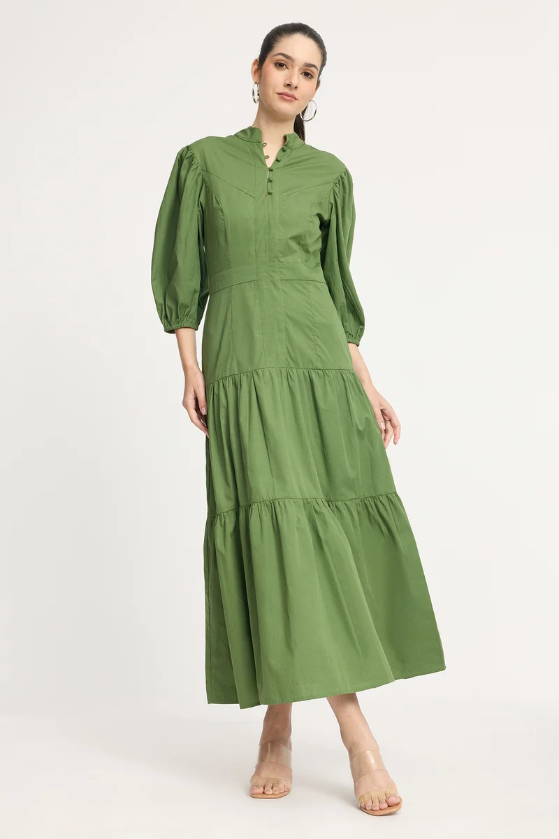 Hyunae|100% Cotton Puff Sleeve Maxi Tiered Dress