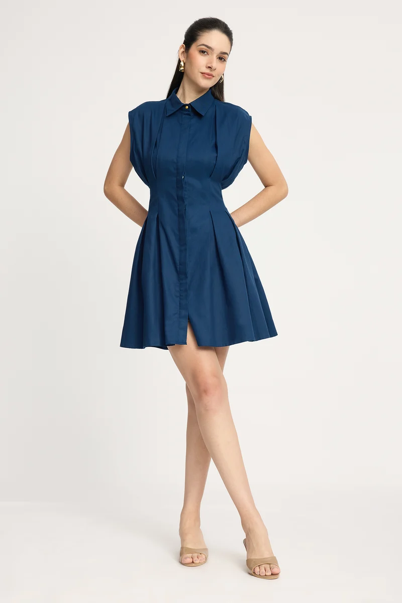 Hanii|100% Cotton Pleated Mini Shirt Dress
